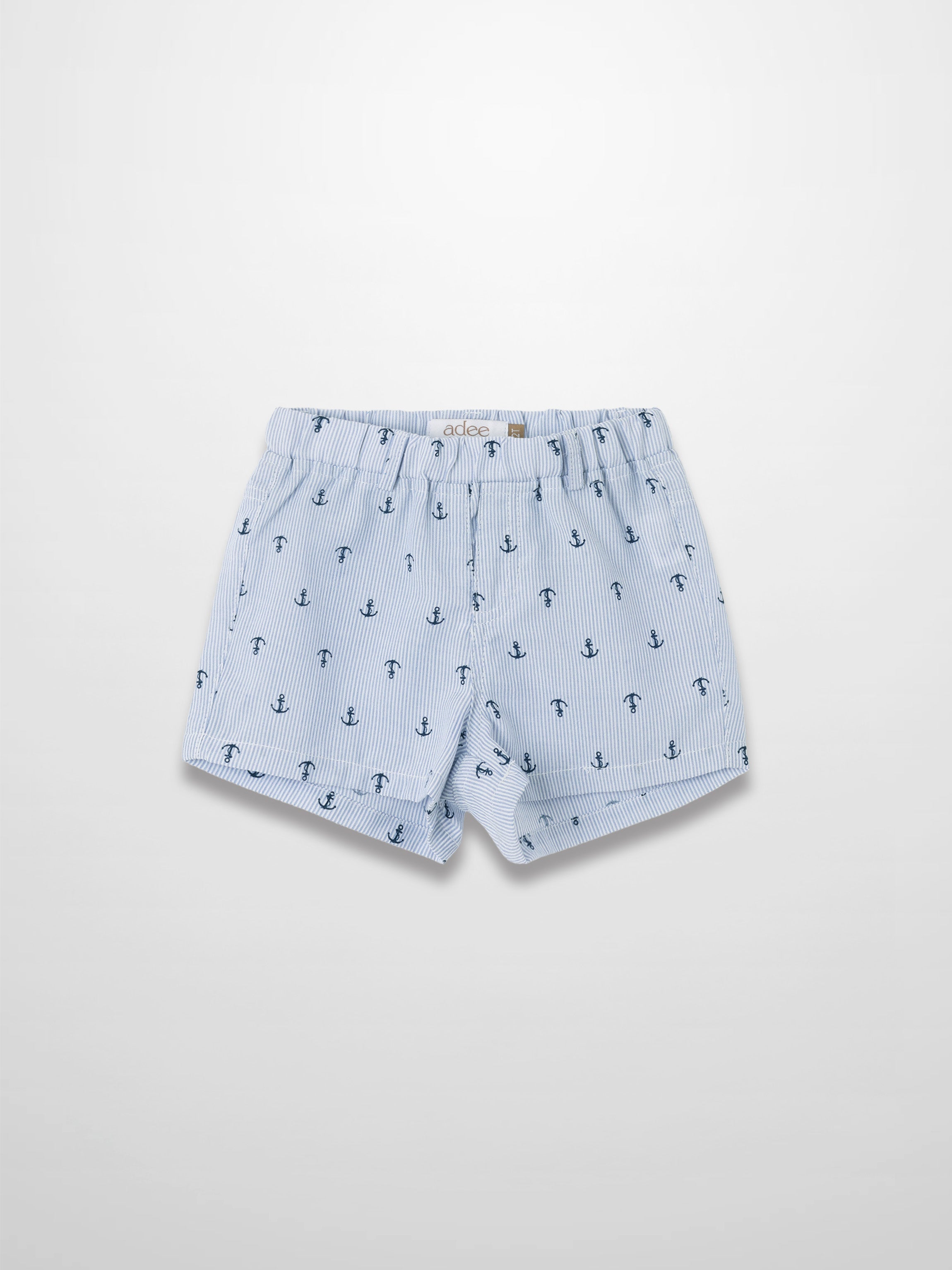 Anchor Shorts: light blue striped fabric with navy anchor print and elastic waistband.