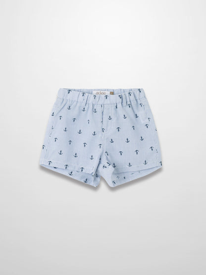 Anchor Shorts: light blue striped fabric with navy anchor print and elastic waistband.