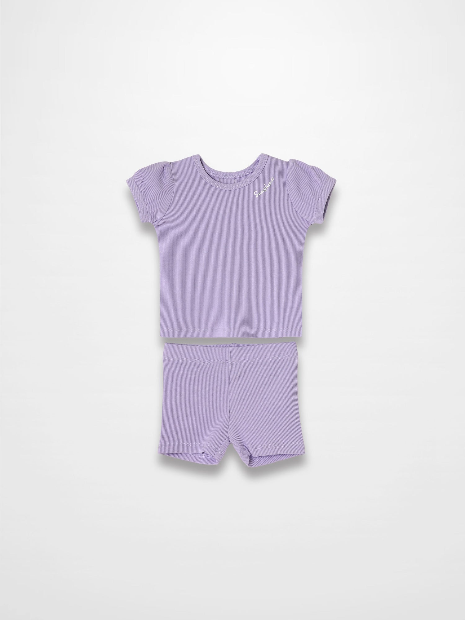 Ribbed Short Puff Sleeve T-shirt &amp; Shorts Set - Lavender