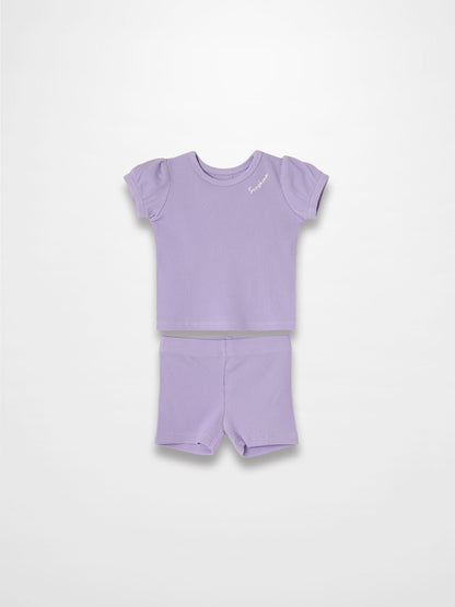 Ribbed Short Puff Sleeve T-shirt &amp; Shorts Set - Lavender