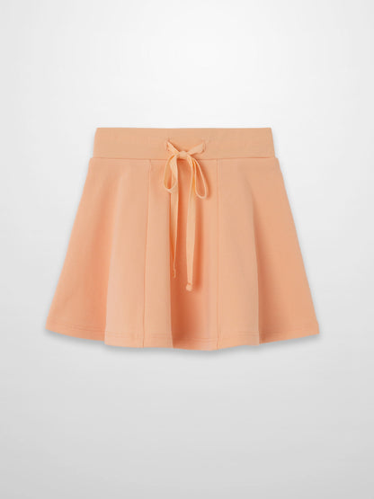 Peach 6-panel skirt with a front tie drawstring waist.