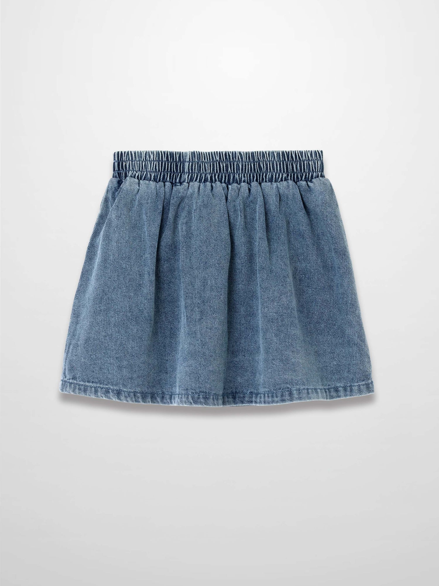 Paneled blue denim skirt with an elastic waistband.