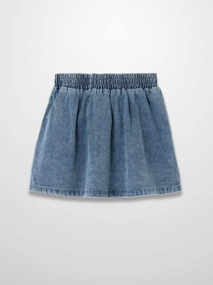 Paneled blue denim skirt with an elastic waistband.