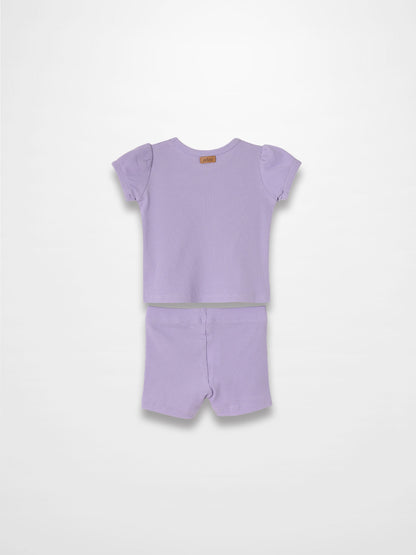 Ribbed Short Puff Sleeve T-shirt &amp; Shorts Set - Lavender