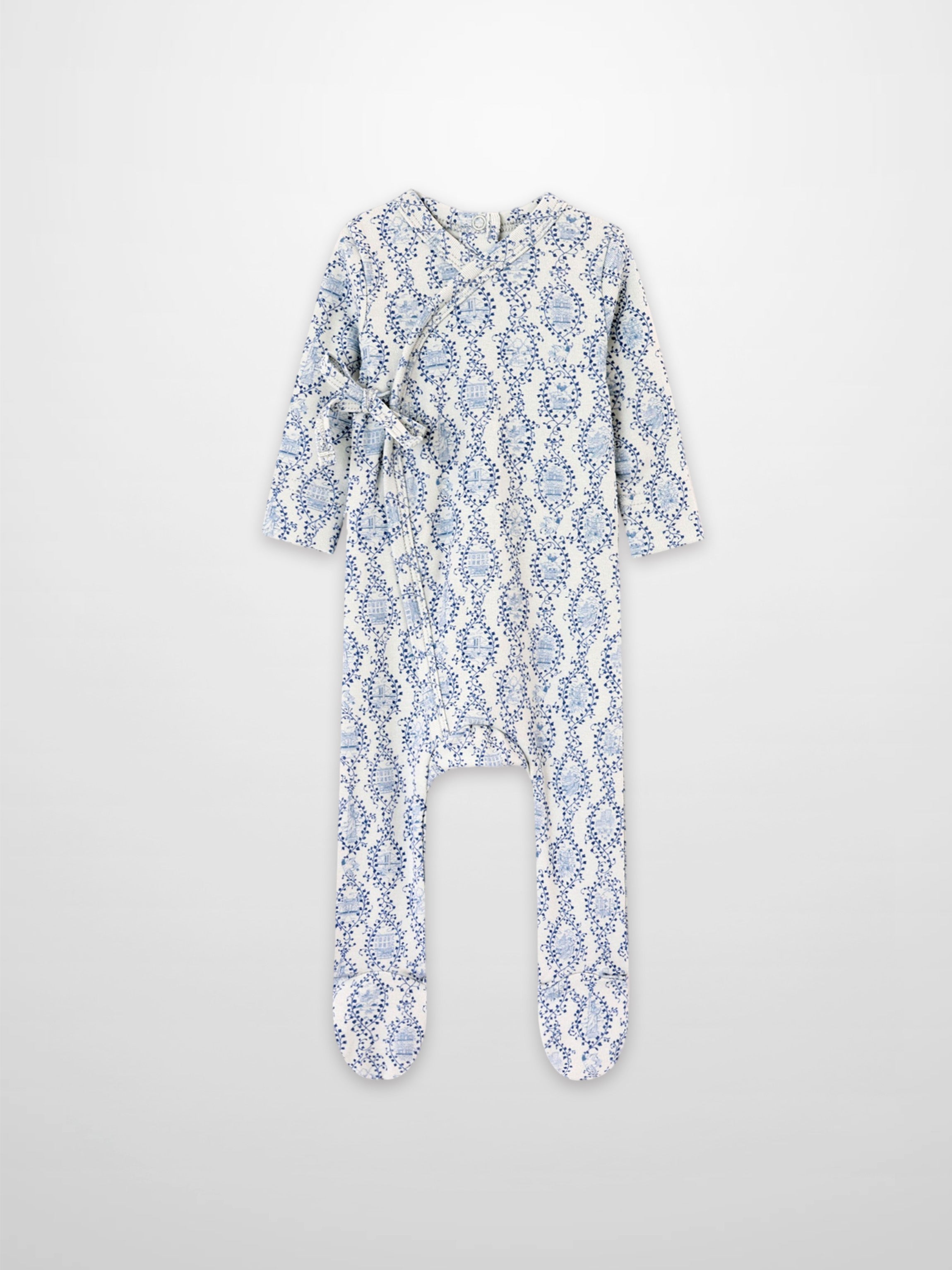 Blue Charm Stretchy boys romper with footed legs in navy vine pattern by Adee