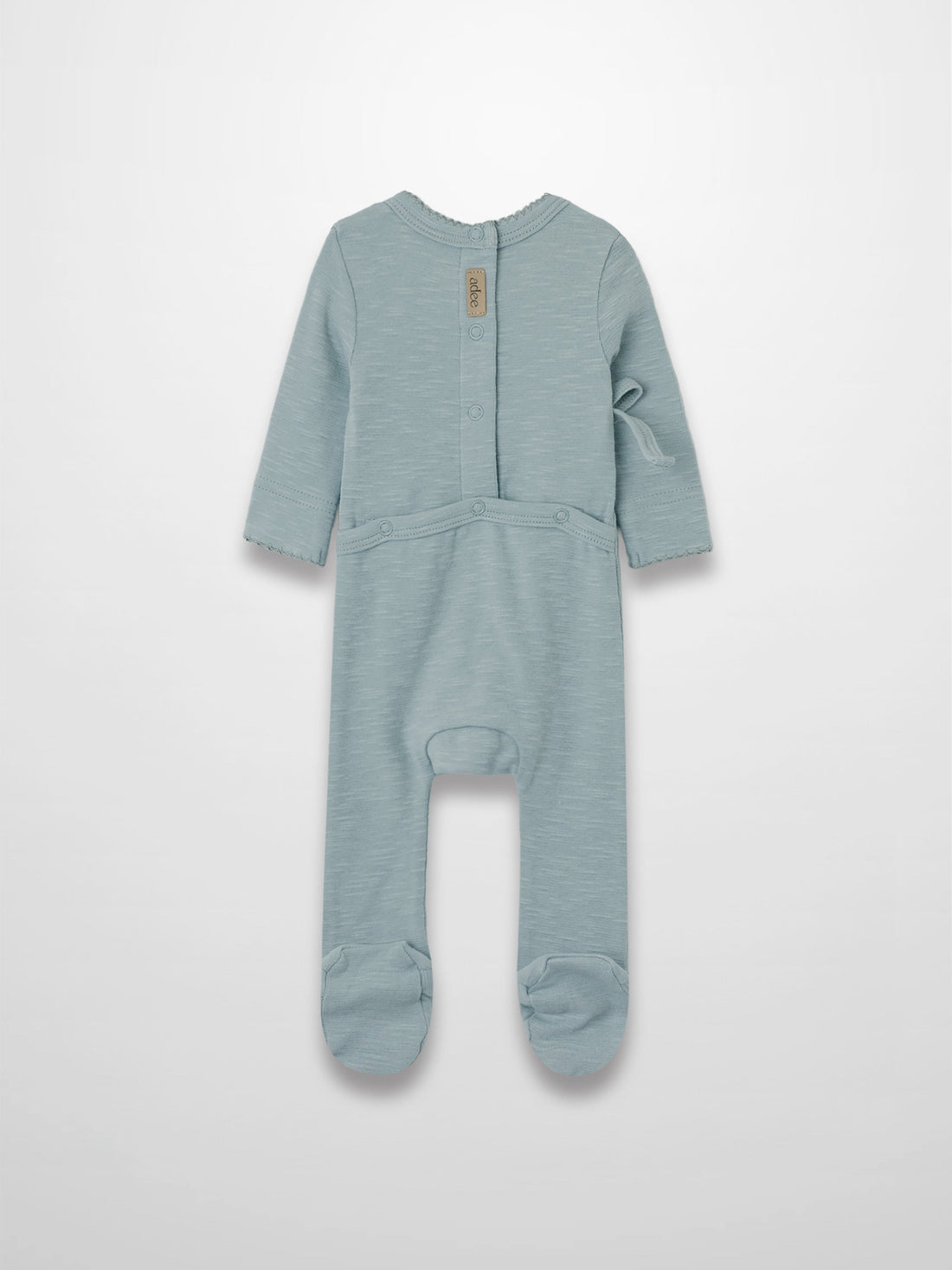 Blue scalloped stretchy baby jumpsuit footie with a crossover design and trim along the front and sleeves.