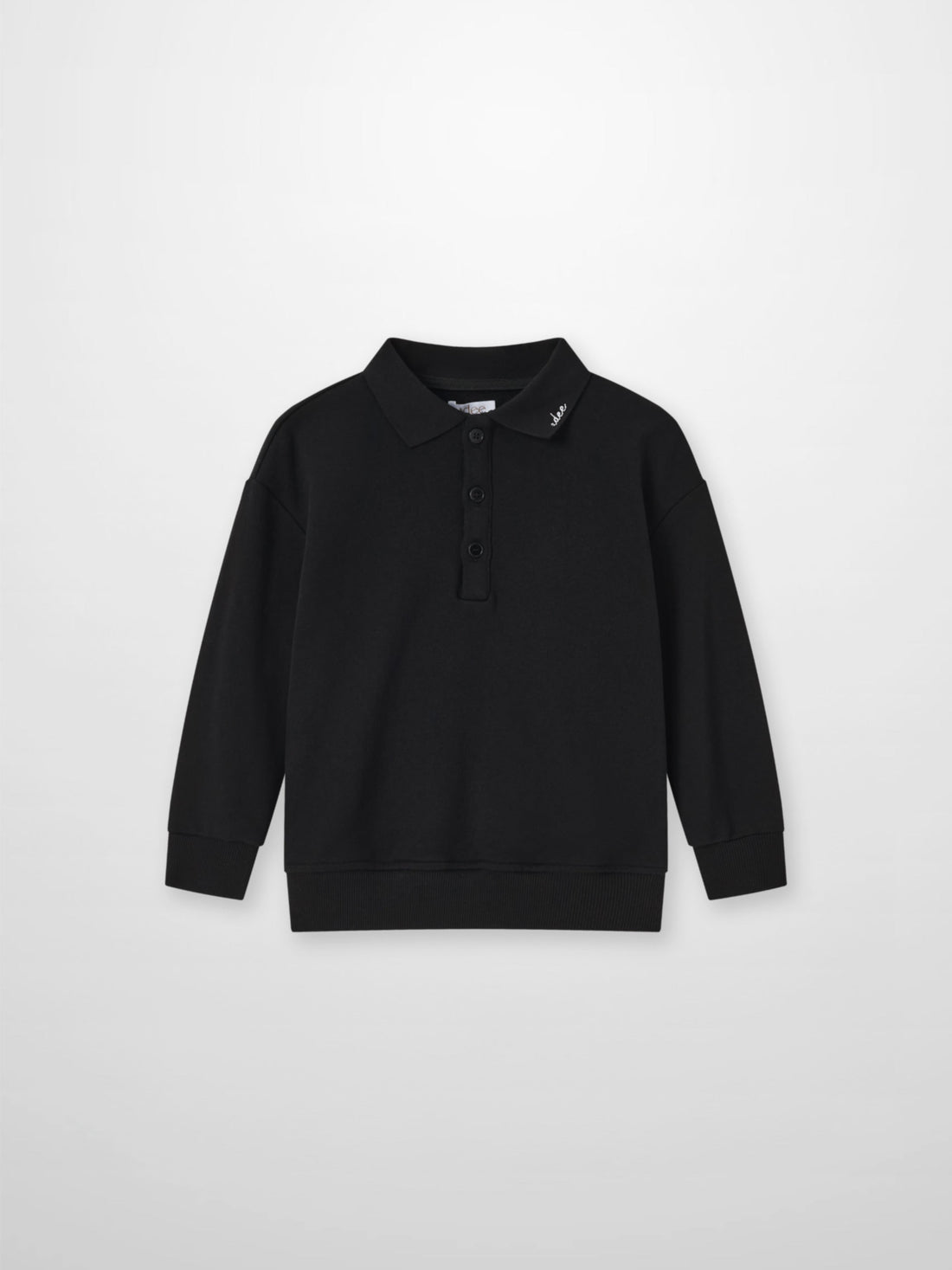 Adee black collared sweatshirt; unisex polo-style top with 3-button placket and ribbed cuffs