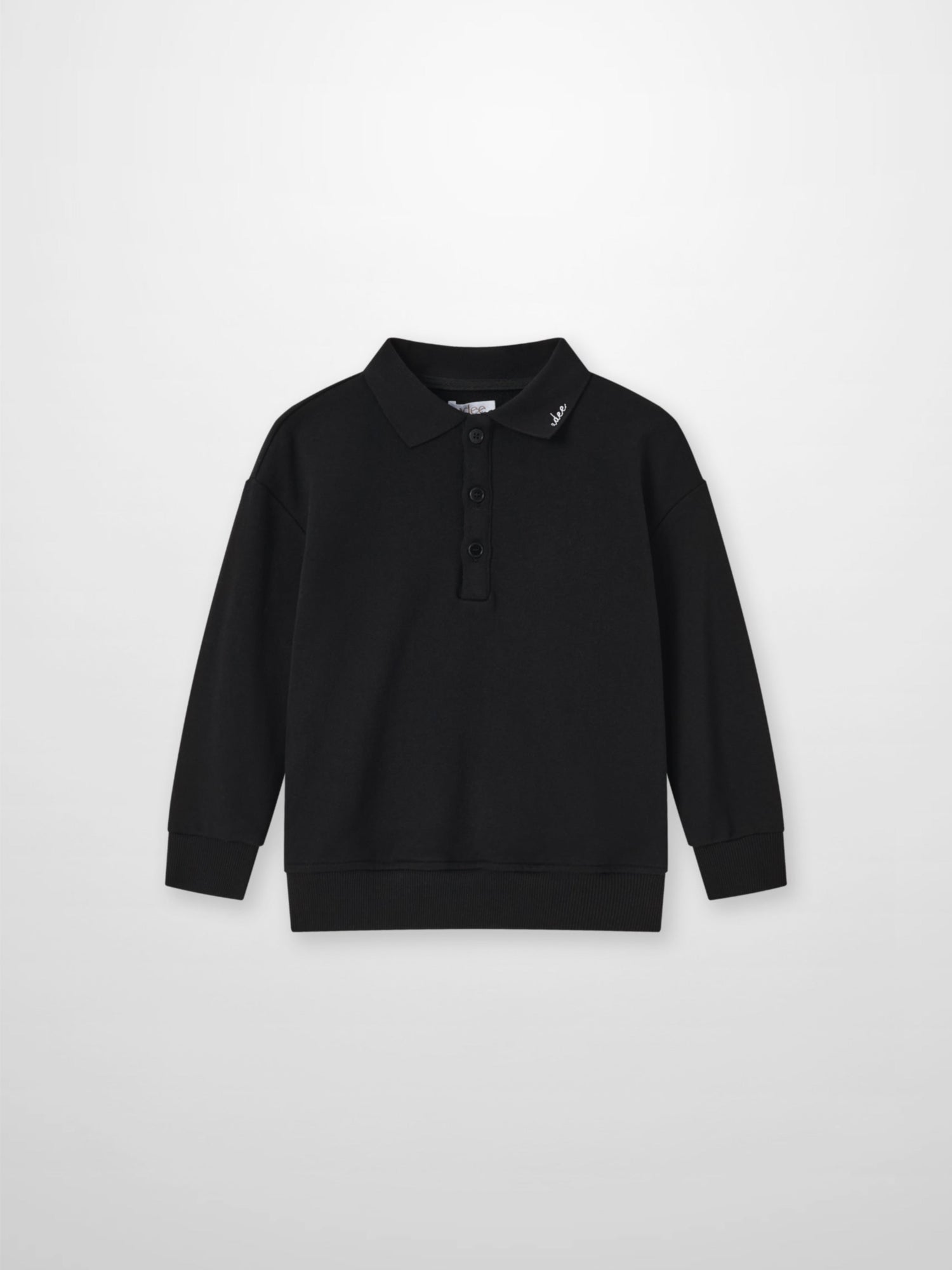Adee black collared sweatshirt; unisex polo-style top with 3-button placket and ribbed cuffs