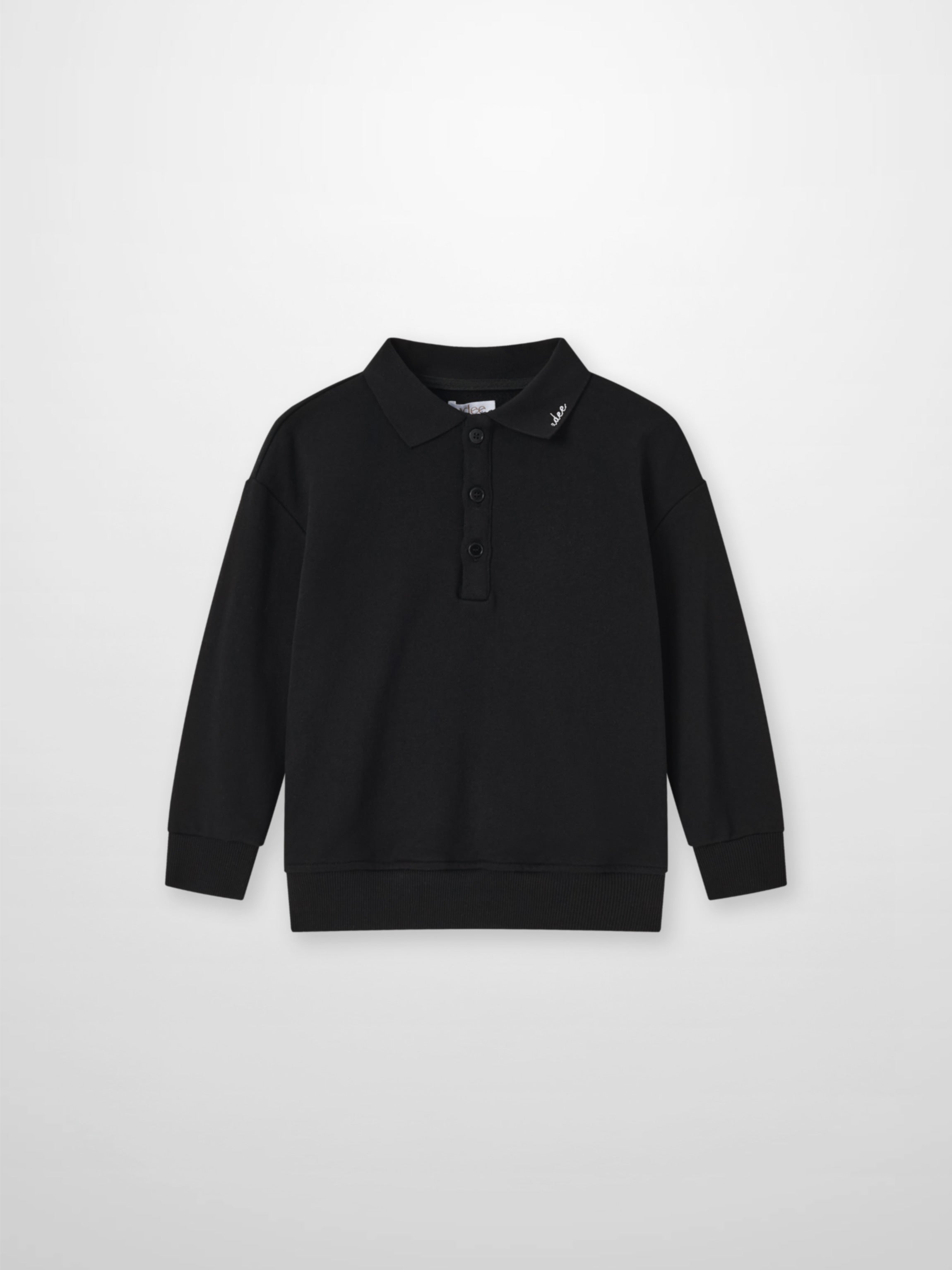 Adee black collared sweatshirt; unisex polo-style top with 3-button placket and ribbed cuffs