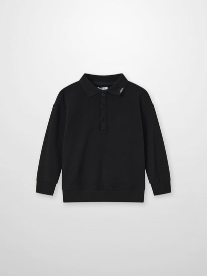 Adee black collared sweatshirt; unisex polo-style top with 3-button placket and ribbed cuffs