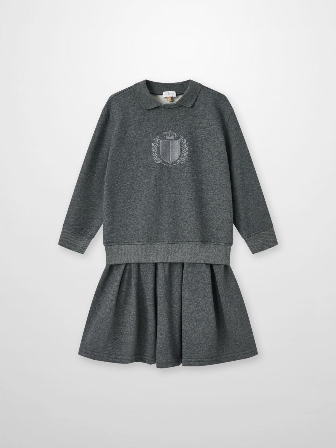 Adee Windsor Dress for girls, grey knit with crest emblem on chest and pleated skirt