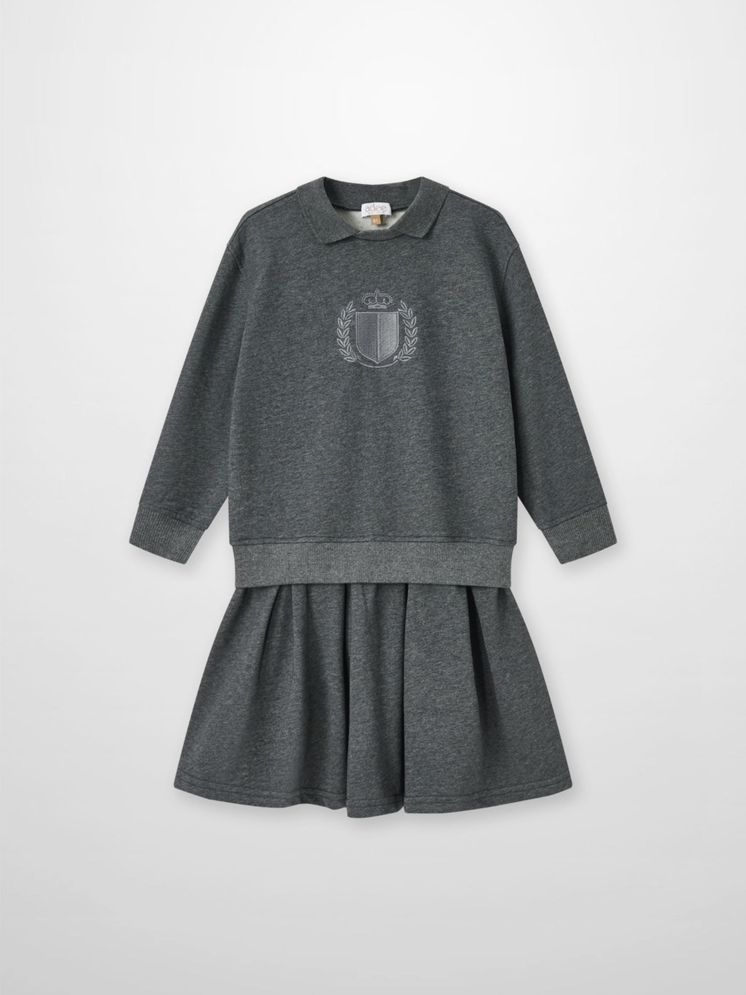 Adee Windsor Dress for girls, grey knit with crest emblem on chest and pleated skirt