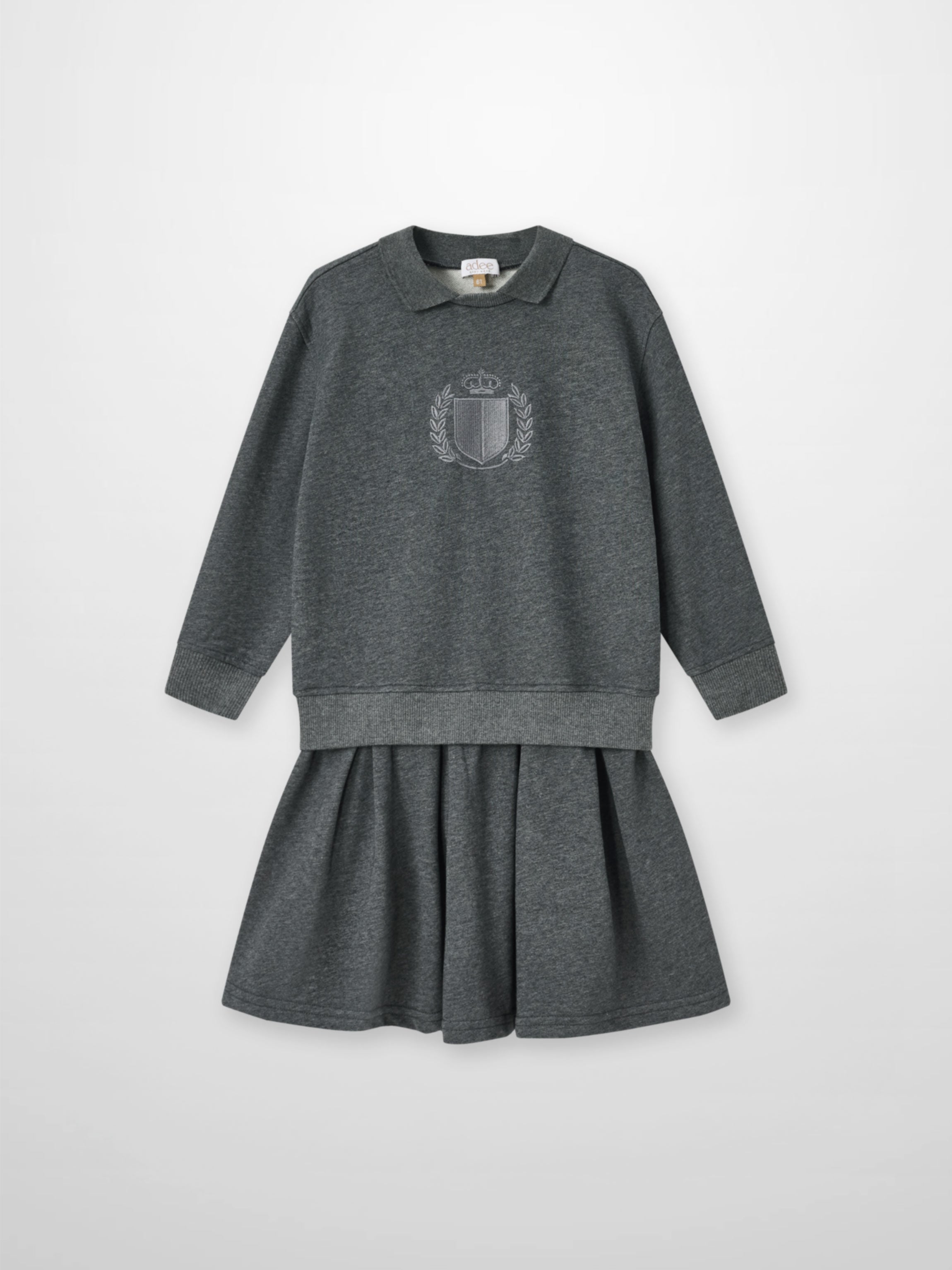 Adee Windsor Dress for girls, grey knit with crest emblem on chest and pleated skirt