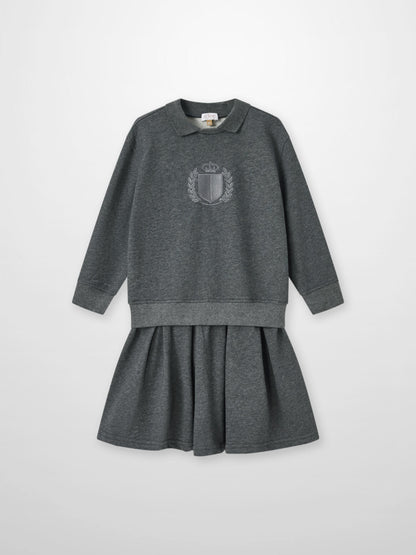 Adee Windsor Dress for girls, grey knit with crest emblem on chest and pleated skirt