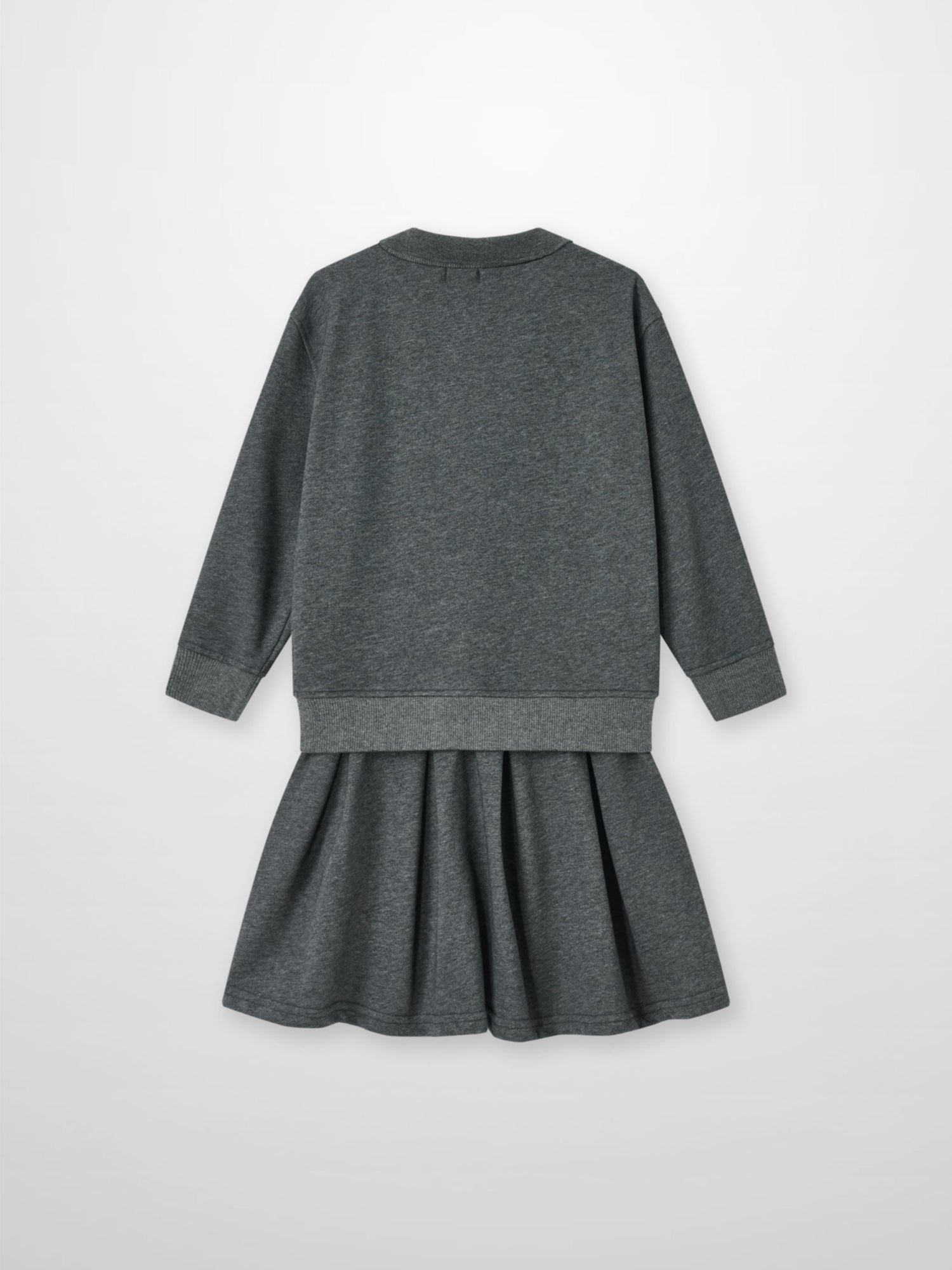 Windsor Dress in gray heather with a sweatshirt-style top and pleated skirt.
