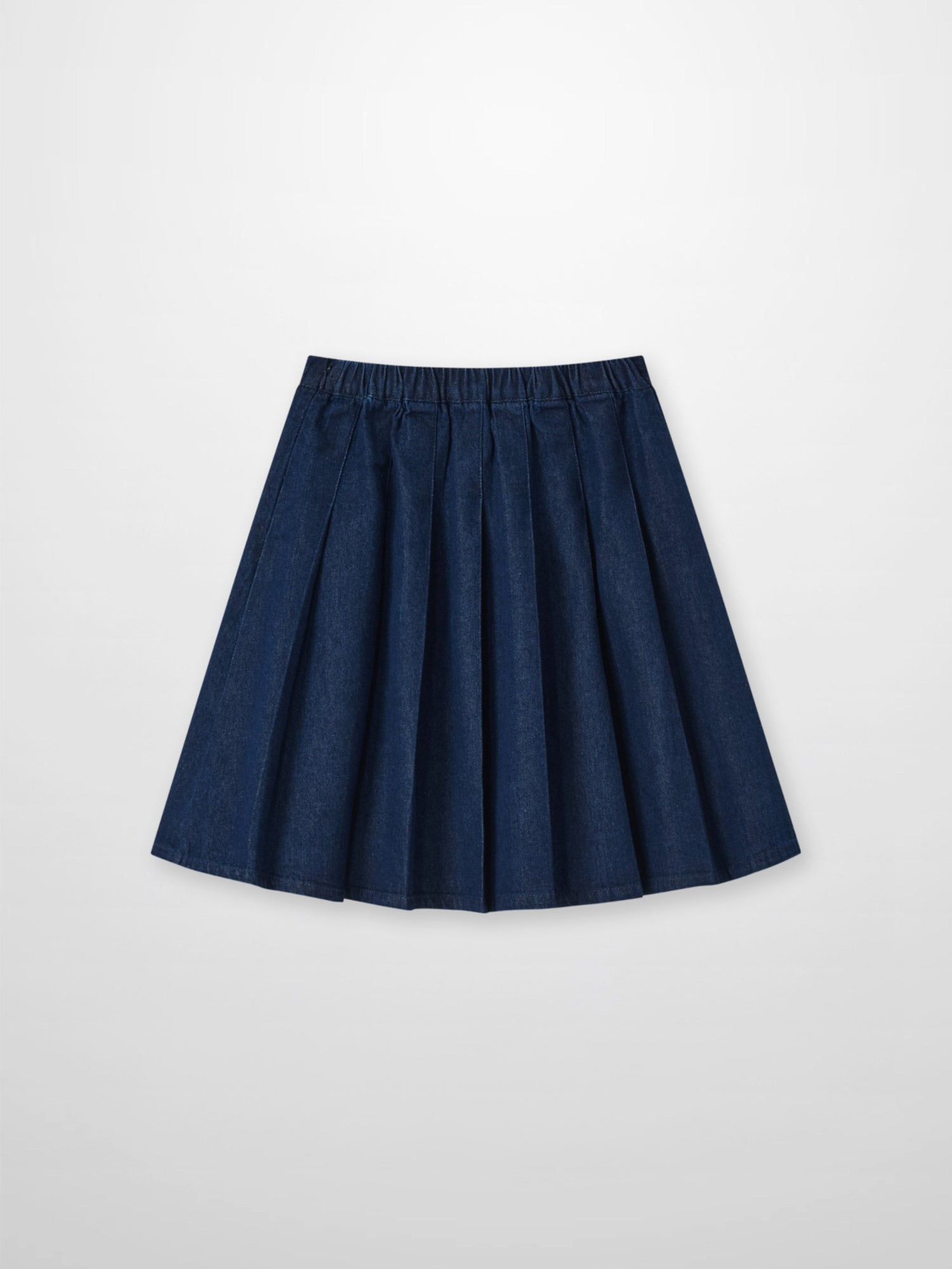 Denim pleated skirt for girls by Adee, blue denim with elastic waistband.