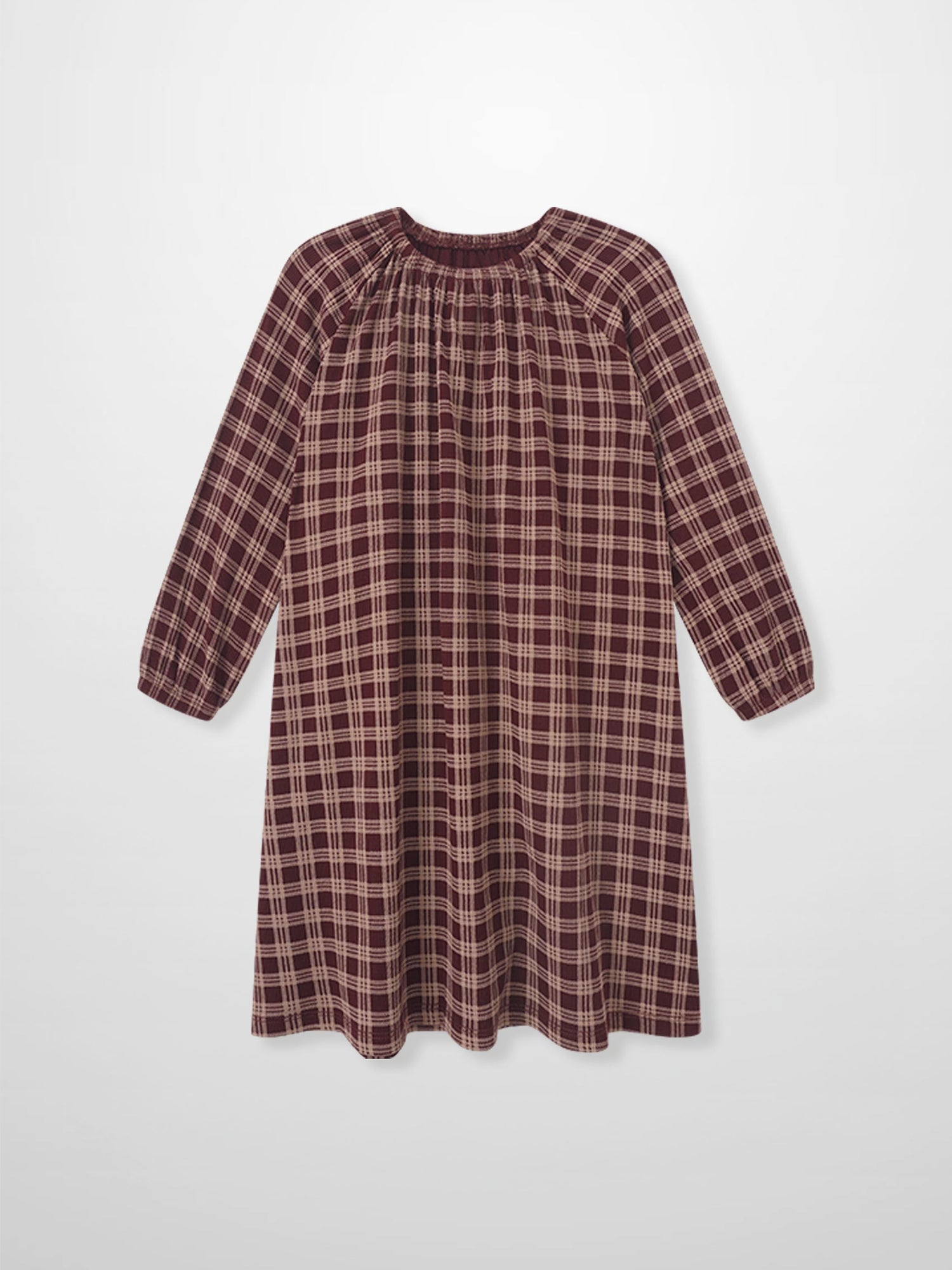 Plaid nightgown burgundy for girls with long sleeves and gathered neckline.