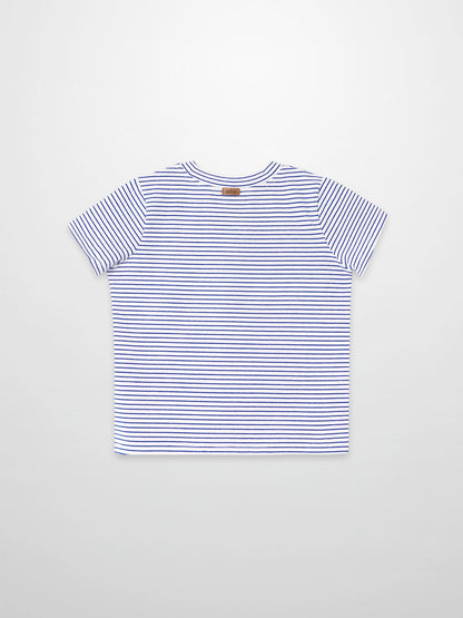 Blue striped boxy T-shirt for boys by Adee; short sleeves.