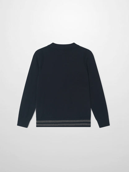 Knit sweater navy; boys dressy top by Adee with ribbed cuffs and striped hem.