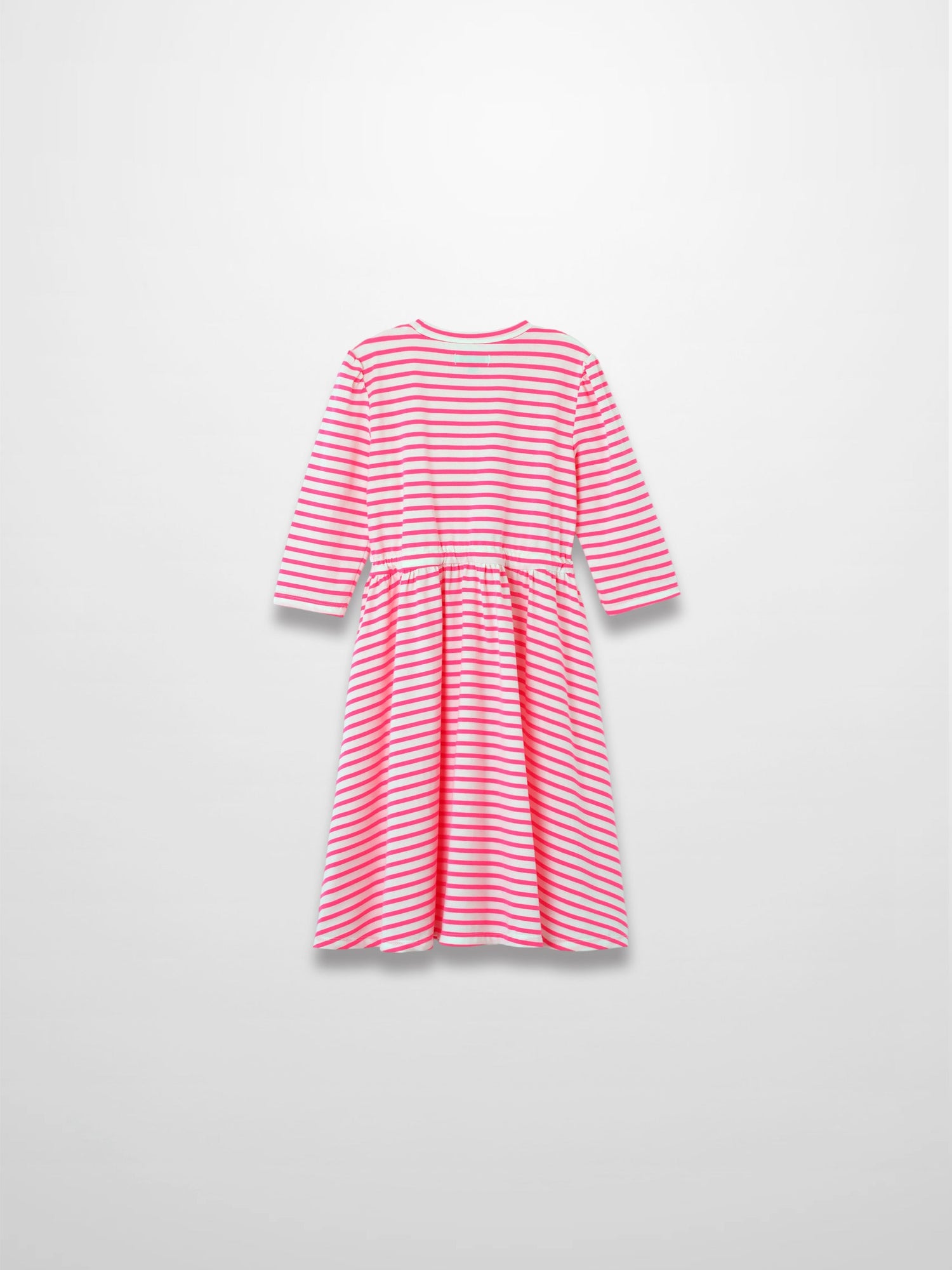 Neon pink striped dress with 3/4 sleeves and a gathered waist.