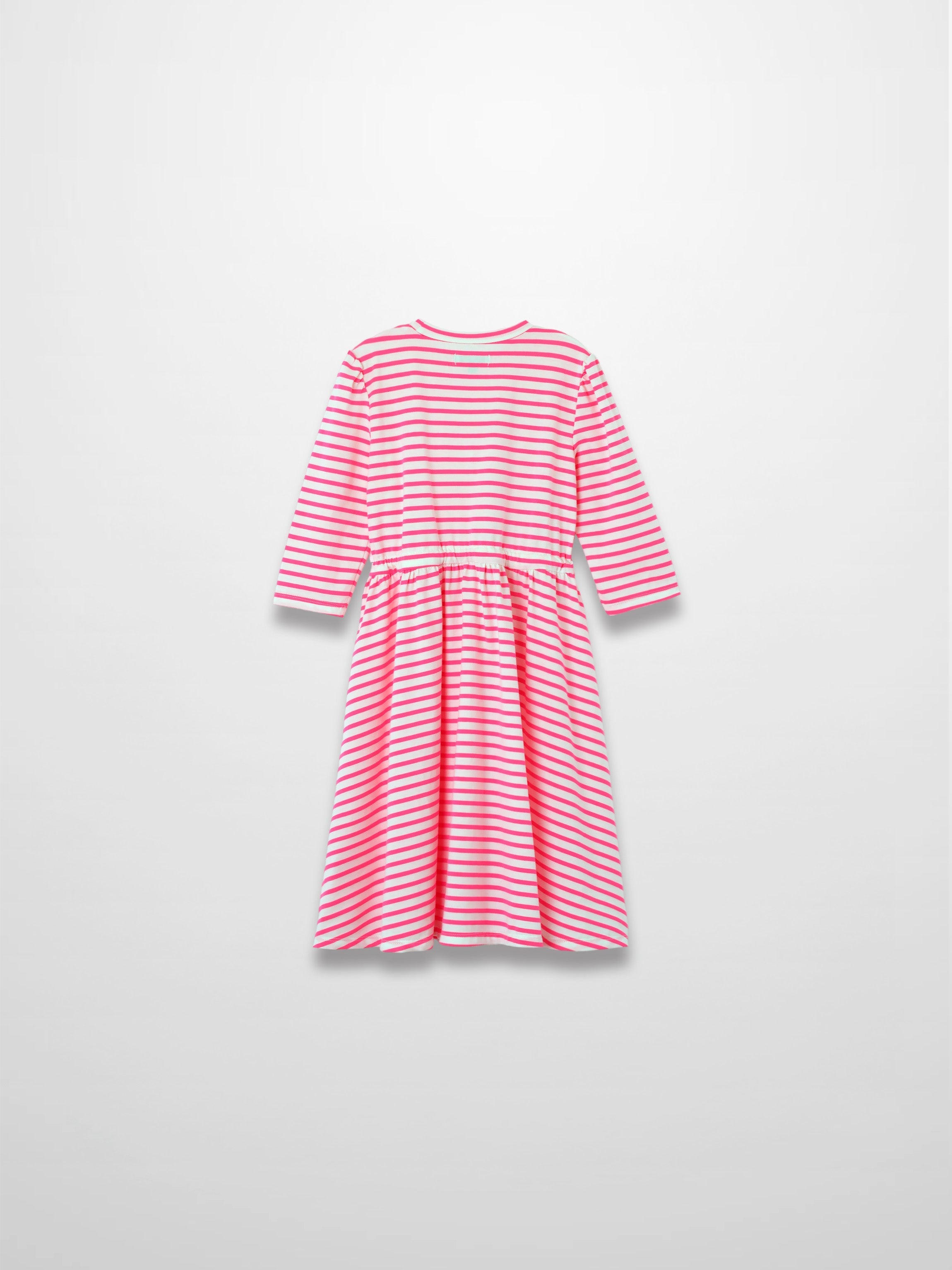 Neon pink striped dress with 3/4 sleeves and a gathered waist.