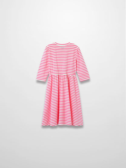 Neon pink striped dress with 3/4 sleeves and a gathered waist.
