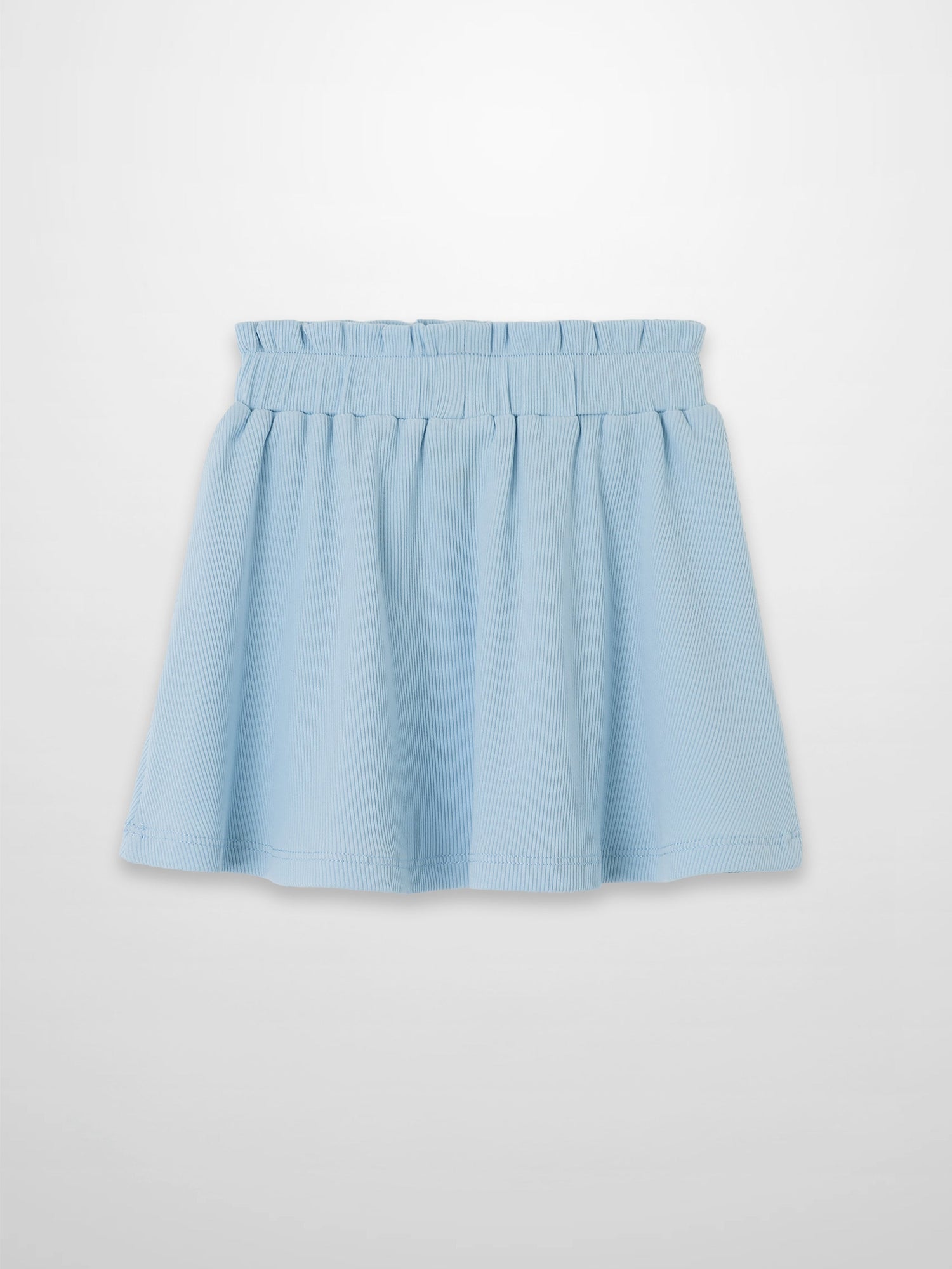 Light blue paper bag waist skirt with elastic waistband and pleats.