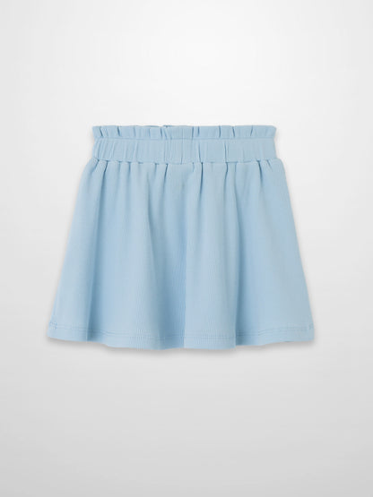 Light blue paper bag waist skirt with elastic waistband and pleats.
