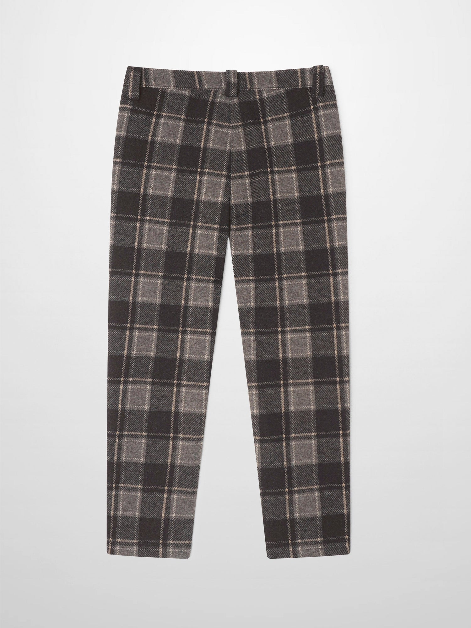 Boys plaid brown dress pants with gray check pattern.