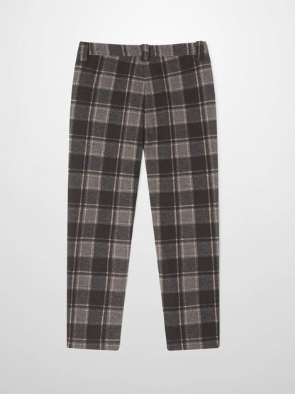 Boys plaid brown dress pants with gray check pattern.