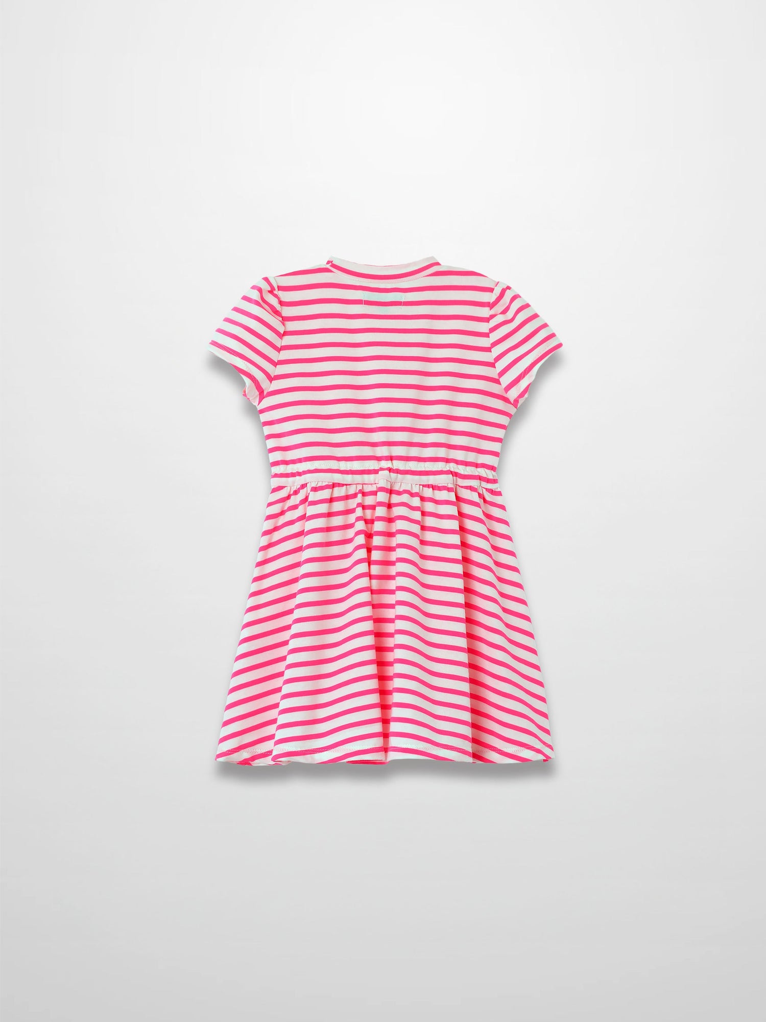 Back view of a neon pink and white striped short-sleeve dress with an elastic waist.
