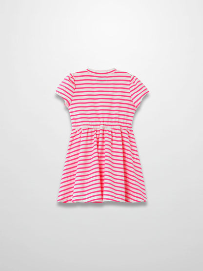 Back view of a neon pink and white striped short-sleeve dress with an elastic waist.