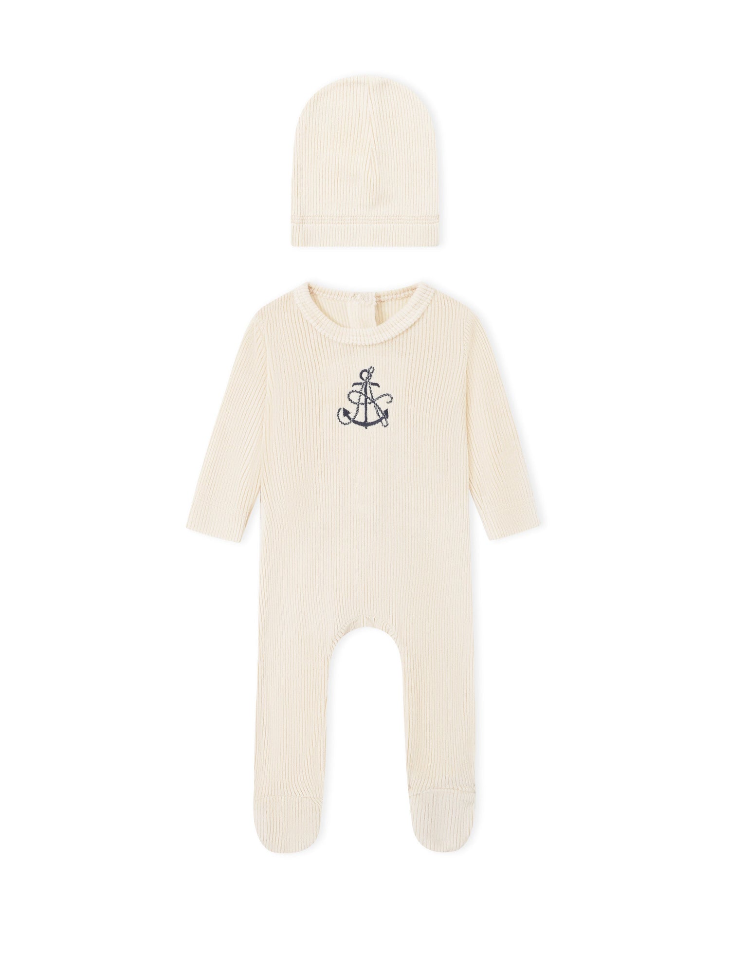 Adee Embroidered Anchor layette set for boys, cream ribbed knit with navy anchor embroidery; includes hat and romper.