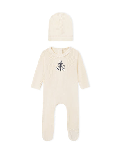 Adee Embroidered Anchor layette set for boys, cream ribbed knit with navy anchor embroidery; includes hat and romper.