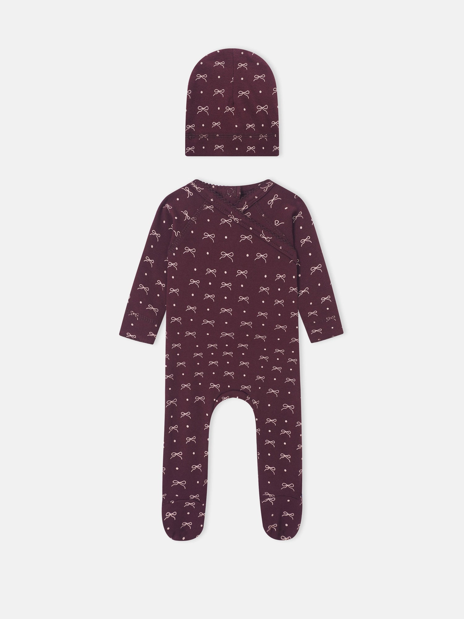 Adee Burgundy Bow 2-piece layette set for girls; hat and footed romper with white bow pattern.