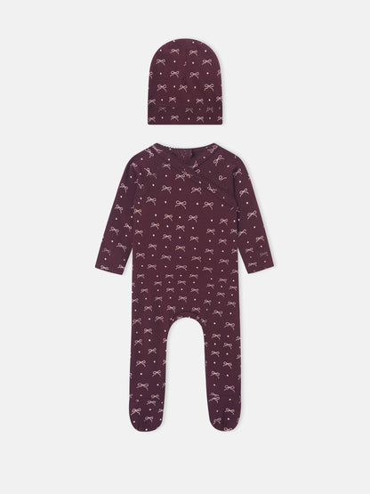 Adee Burgundy Bow 2-piece layette set for girls; hat and footed romper with white bow pattern.