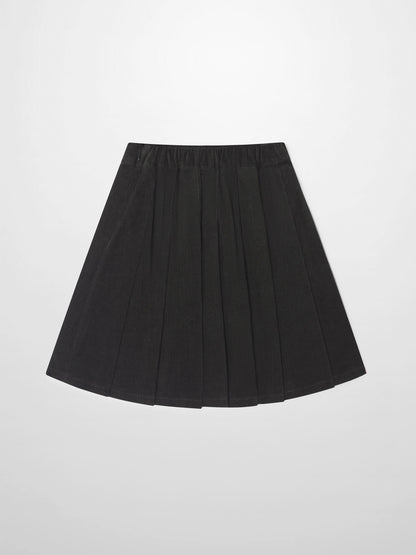Girls corduroy pleated skirt in grey with elastic waistband.