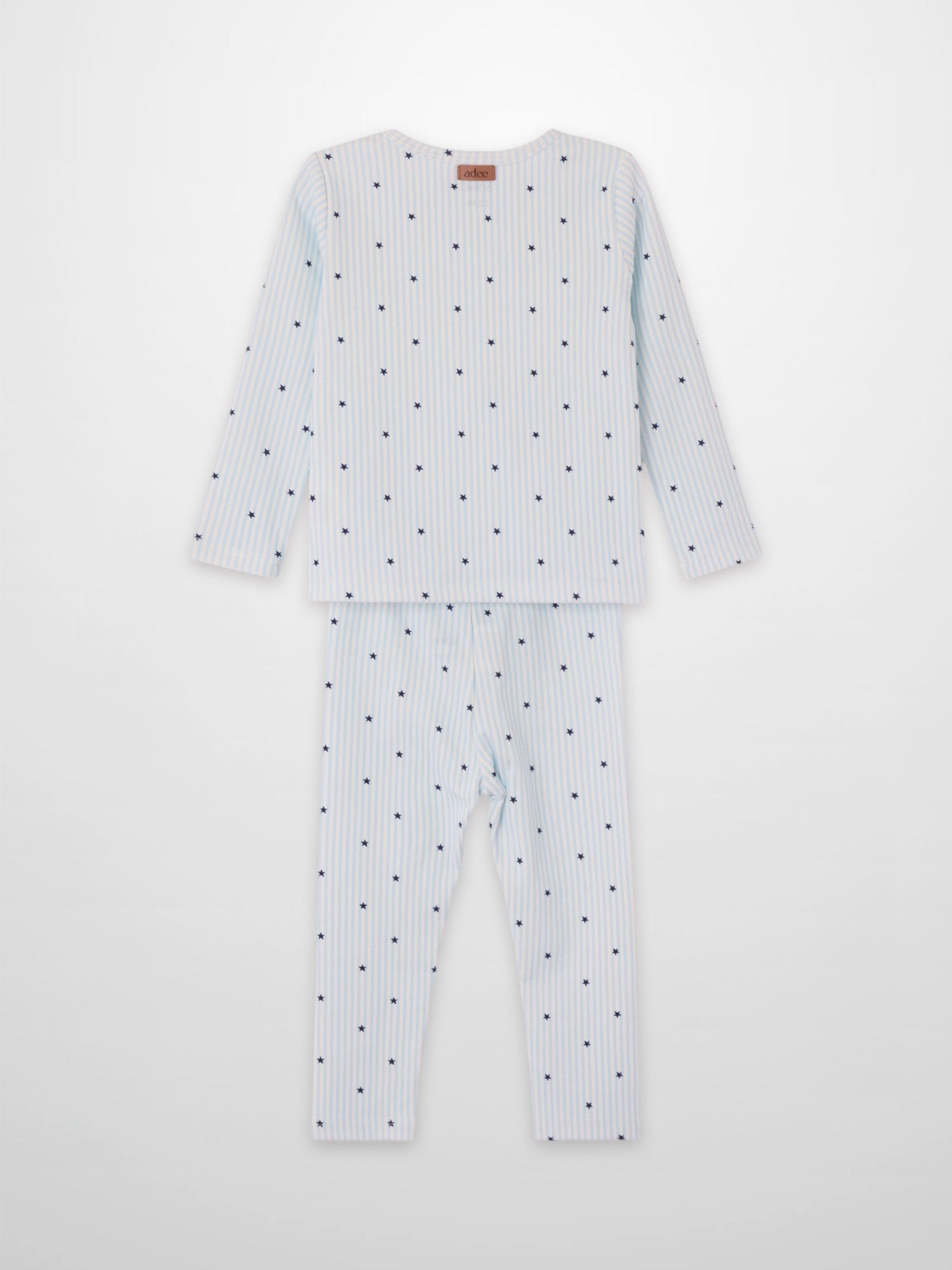 Blue Star Pajamas set for boys by Adee, light blue striped top and pants with navy stars.