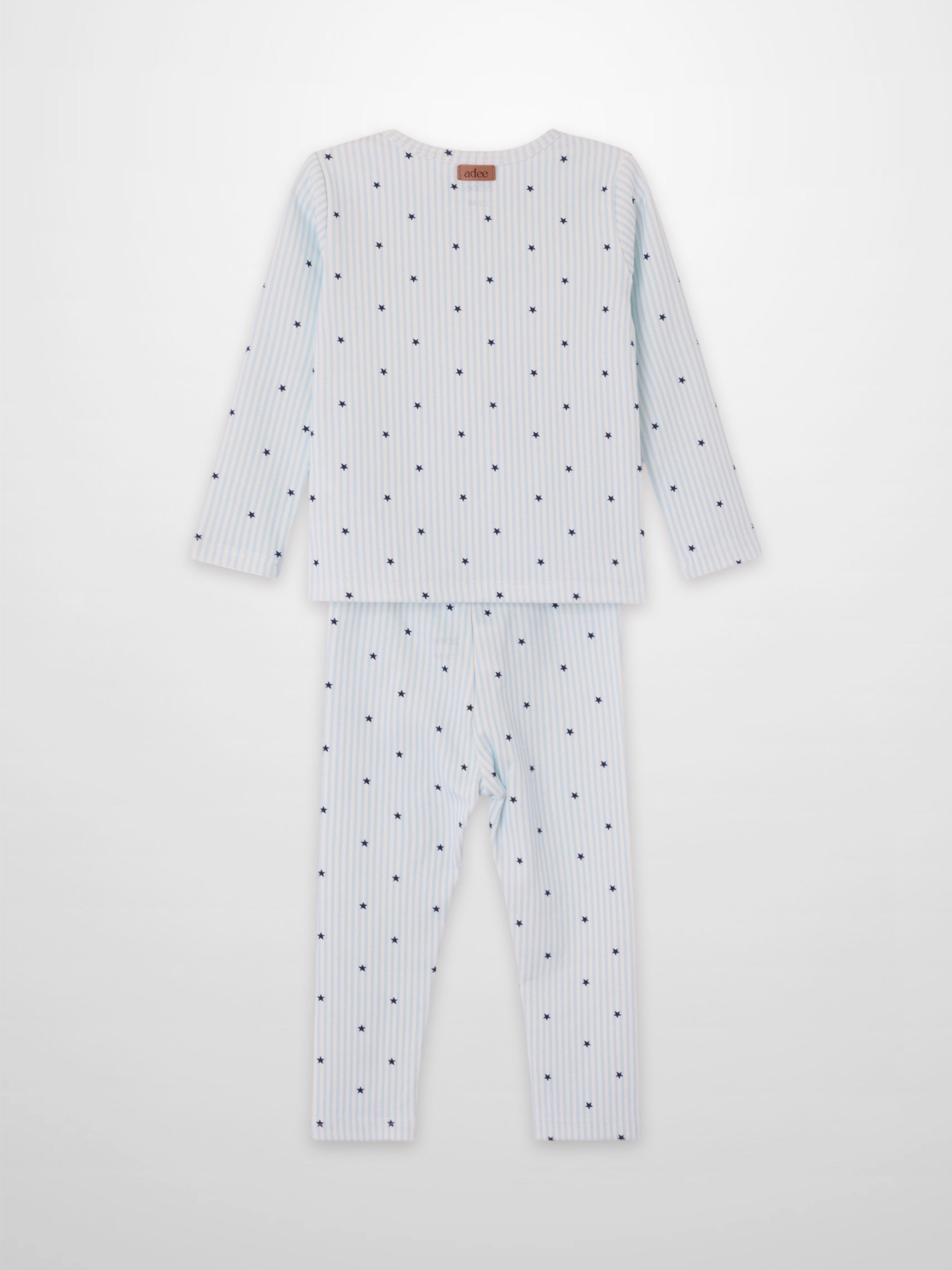 Blue Star Pajamas set for boys by Adee, light blue striped top and pants with navy stars.
