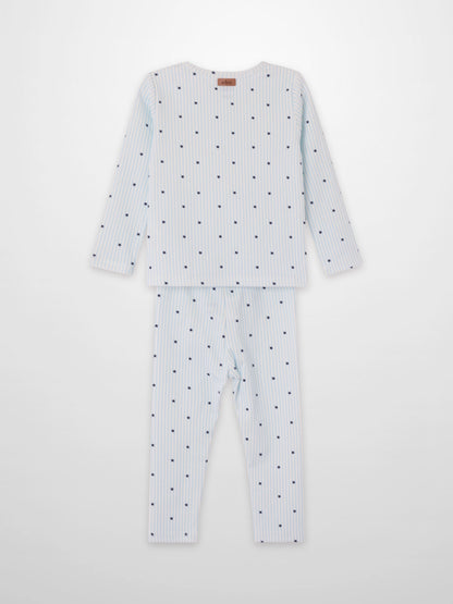 Blue Star Pajamas set for boys by Adee, light blue striped top and pants with navy stars.