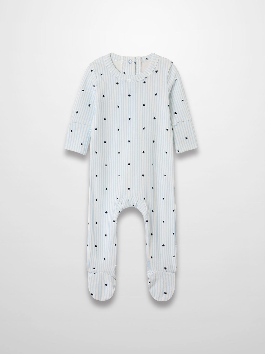 Blue Star Stretchy: light blue striped footie jumpsuit with navy stars and scalloped trim, breathable stretch fabric.