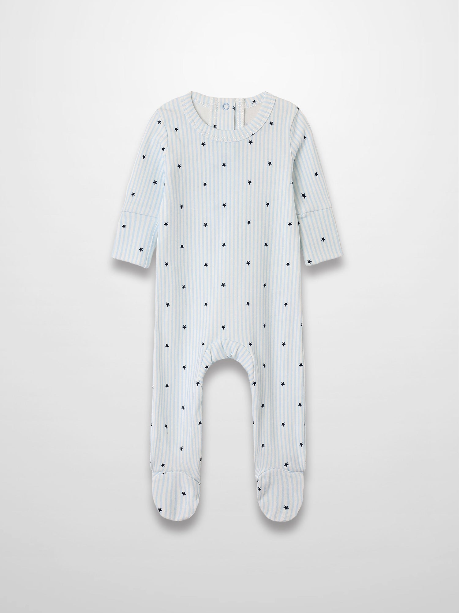 Blue Star Stretchy: light blue striped footie jumpsuit with navy stars and scalloped trim, breathable stretch fabric.