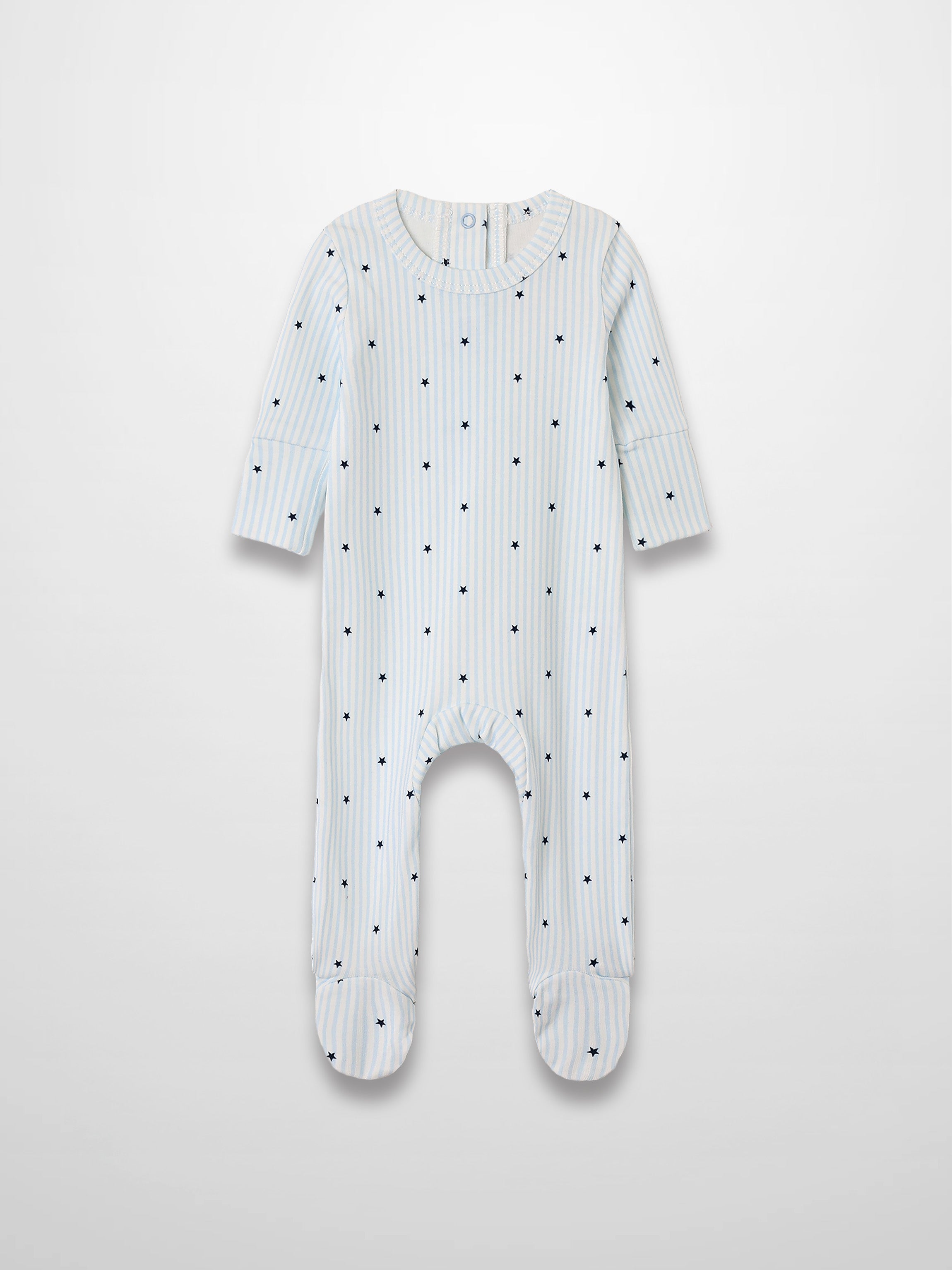 Blue Star Stretchy: light blue striped footie jumpsuit with navy stars and scalloped trim, breathable stretch fabric.