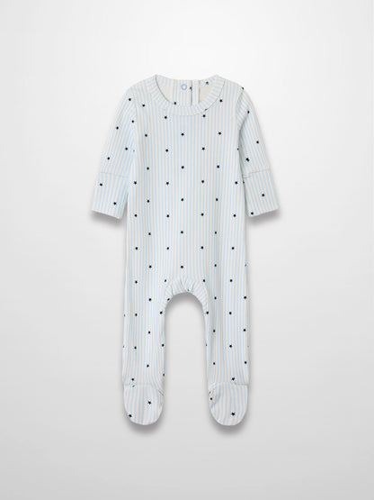 Blue Star Stretchy: light blue striped footie jumpsuit with navy stars and scalloped trim, breathable stretch fabric.