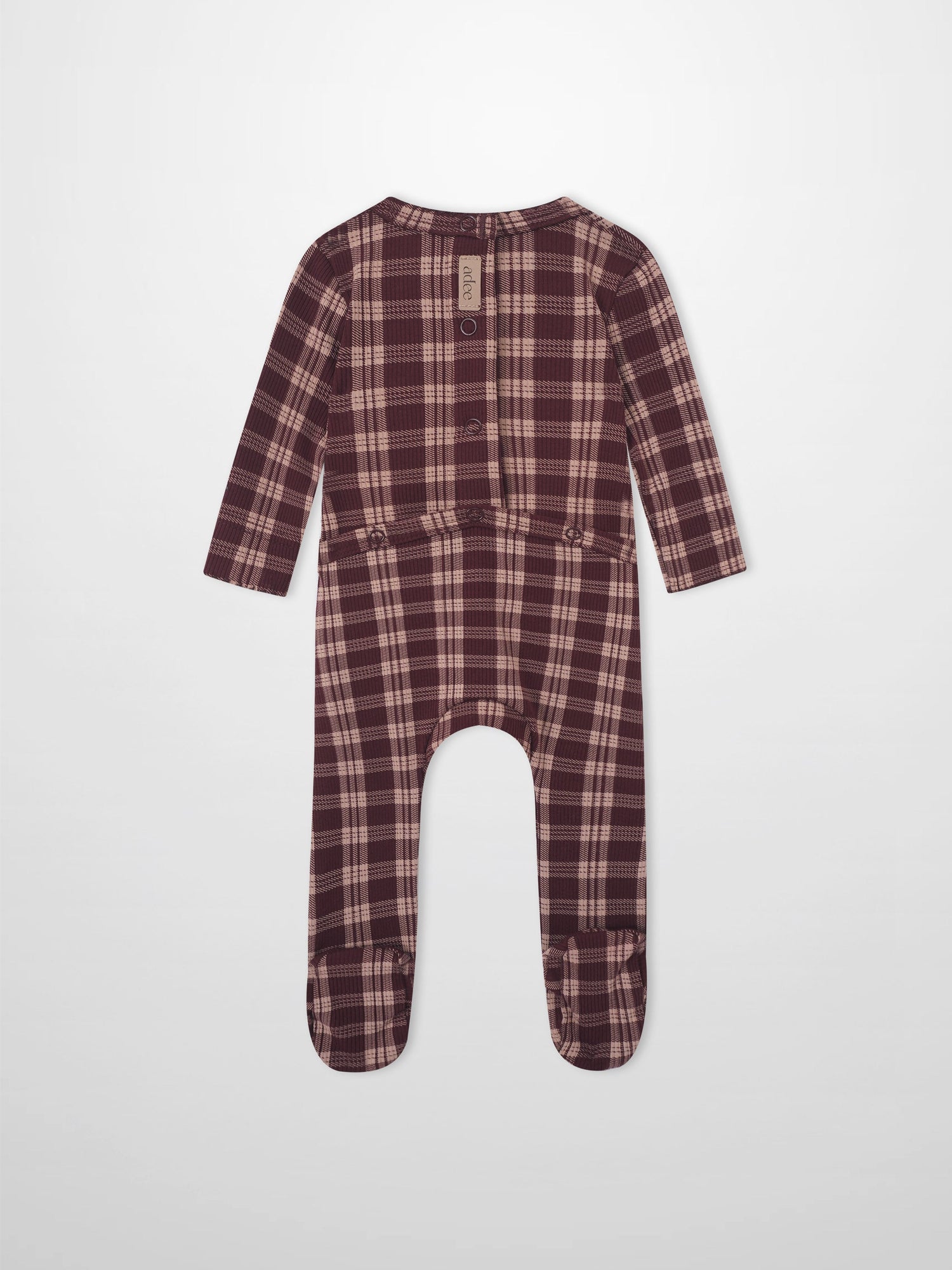 Adee burgundy plaid layette set for girls, footed sleeper.