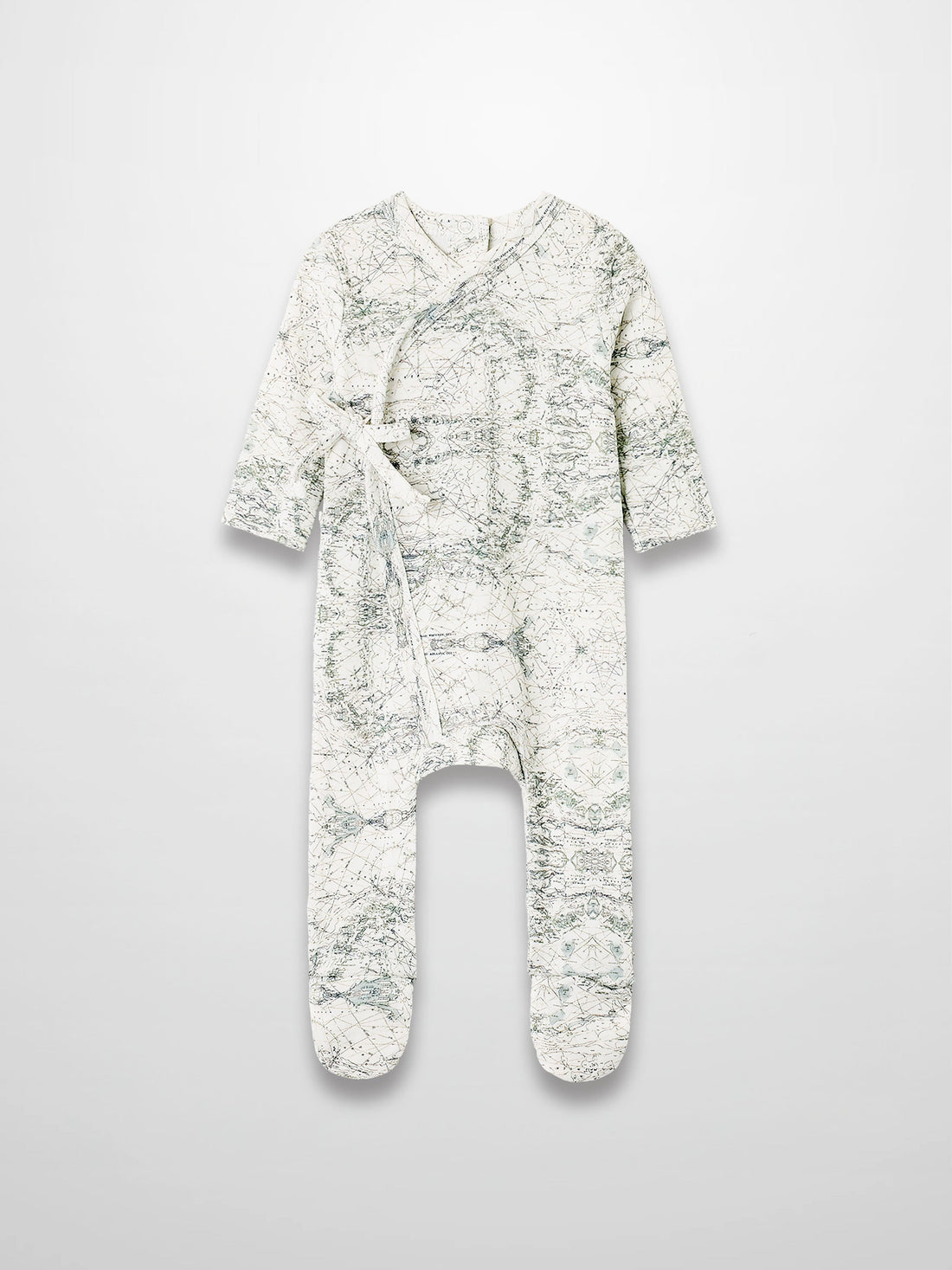 Map Stretchy baby boy footie jumpsuit with off-white background, sage map print, compass markers, and crossover tie.