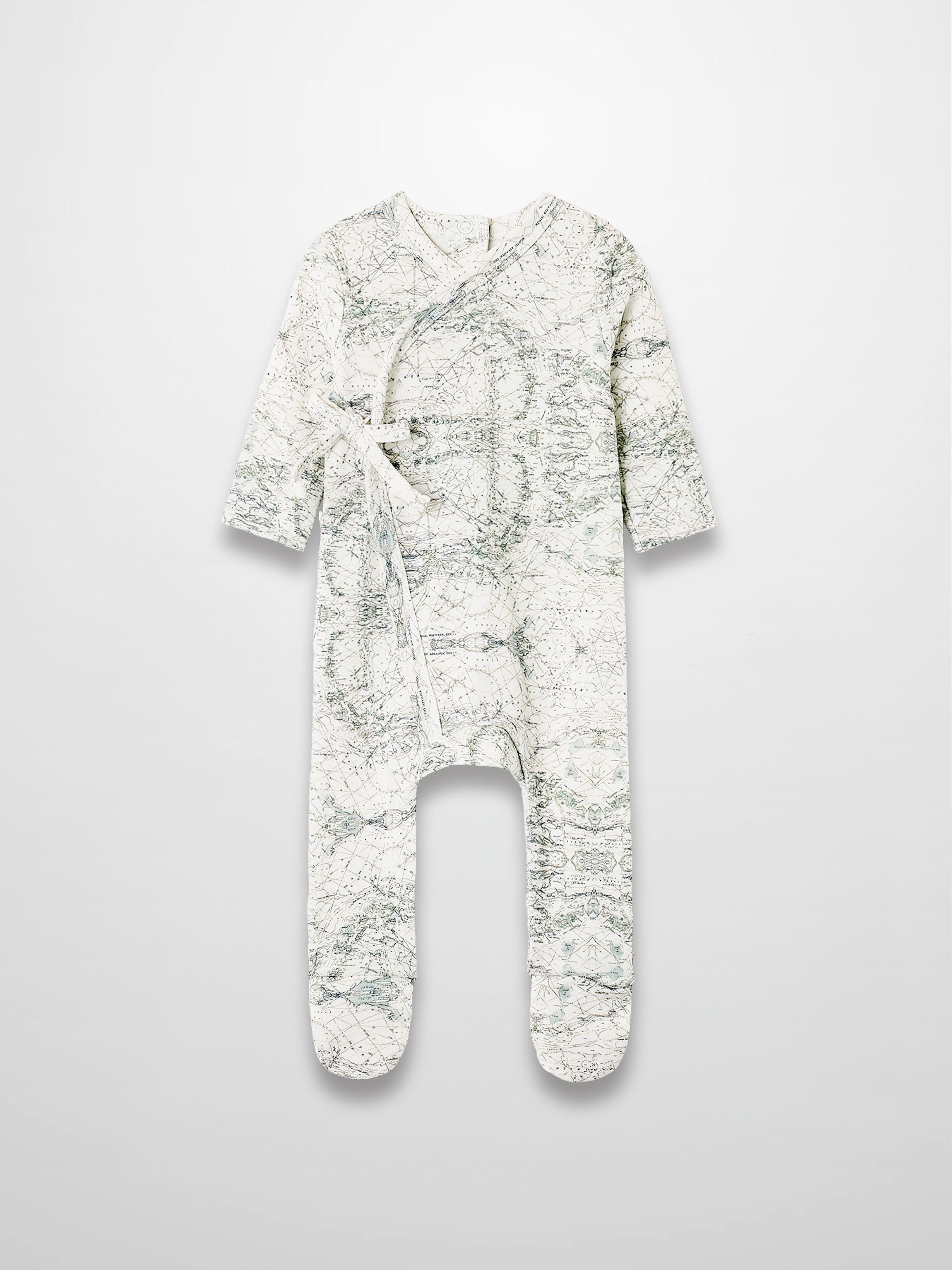 Map Stretchy baby boy footie jumpsuit with off-white background, sage map print, compass markers, and crossover tie.