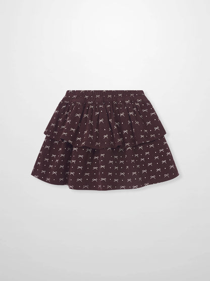 Adee Burgundy Bow Layered Skirt for girls with tiered ruffles and white bow motif.