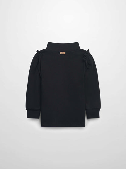 Ruffle Puff Sleeve Mock Neck Shirt - Black