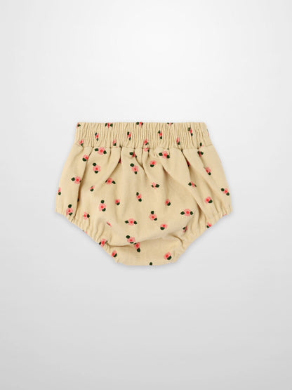 Tan floral bloomers for girls by Adee with elastic waistband and pink floral print